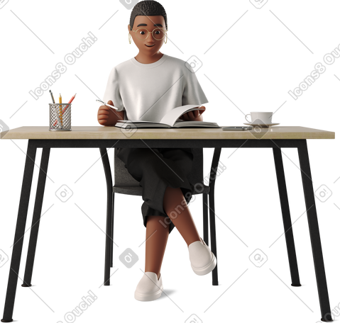 3D young woman working with a book at her desk PNG, SVG