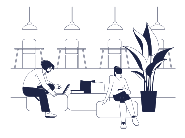 Man and woman with gadgets are working, against background of coworking space and office plant PNG, SVG