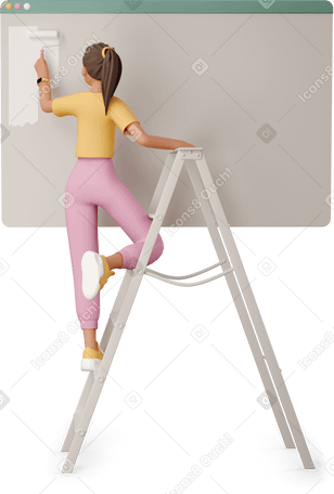 3D young woman painting the wall with a roller PNG, SVG