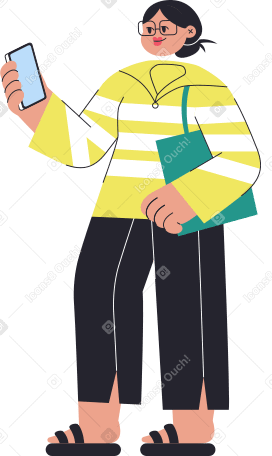 woman standing and looking at her smartphone PNG, SVG