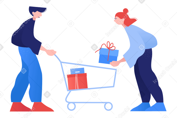 ショッピングカートにプレゼントを入れるカップル PNG、SVG