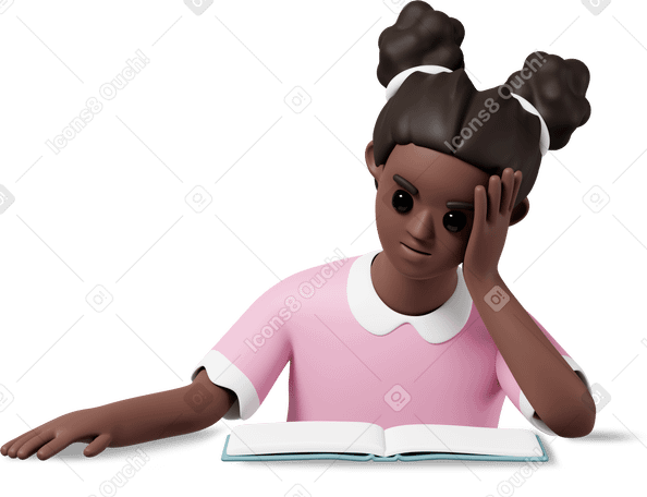 3D girl reading book and holding head PNG, SVG