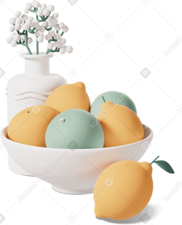 3D vase with fruits and flowers Illustration in PNG, SVG