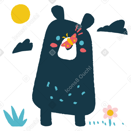 Butterfly sits on the nose of a bear Illustration in PNG, SVG