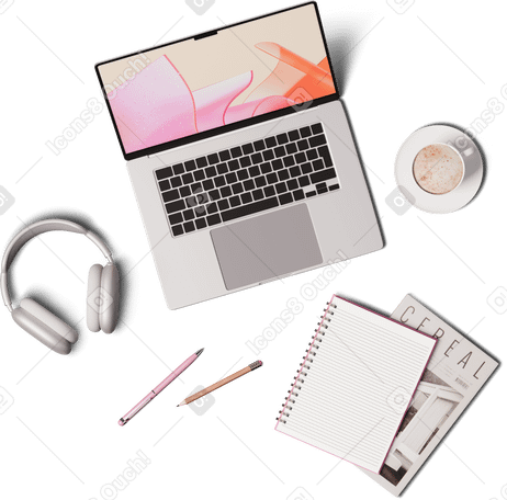3D top view of laptop headphones and notebooks PNG, SVG