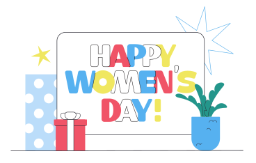 Schriftzug happy women's day! mit geschenken und blumen PNG, SVG