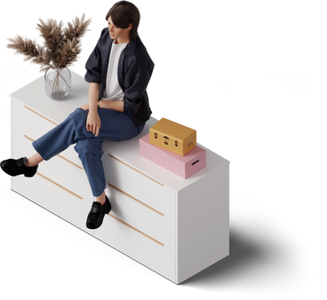 isometric view of young woman sitting on dresser PNG, SVG