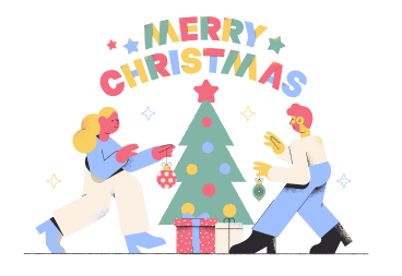 Letras de feliz navidad con gente decorando el árbol de navidad PNG, SVG