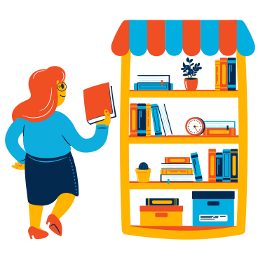 Woman taking a book off a shelf in a bookstore PNG, SVG