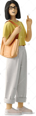 3D Mulher sorridente com bolsa apontando para cima PNG, SVG