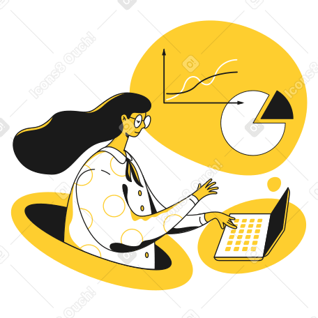 Mujer que trabaja en la computadora portátil con análisis PNG, SVG