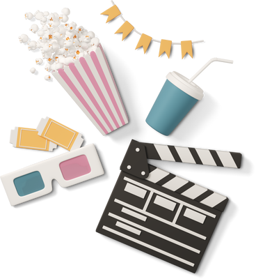 Popcorn bucket, tickets, 3D glasses, and clapper board PNG, SVG