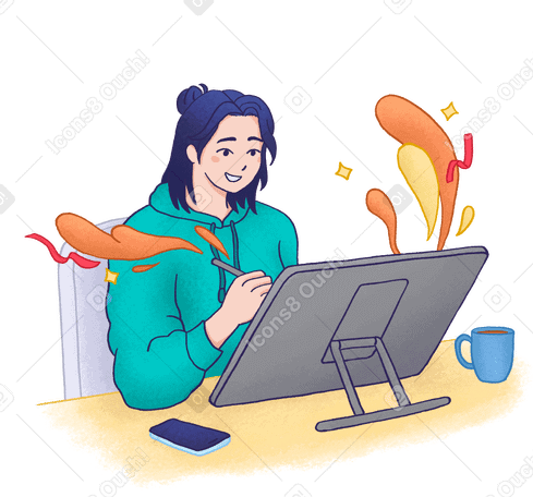 Молодая женщина рисует на графическом планшете в PNG, SVG