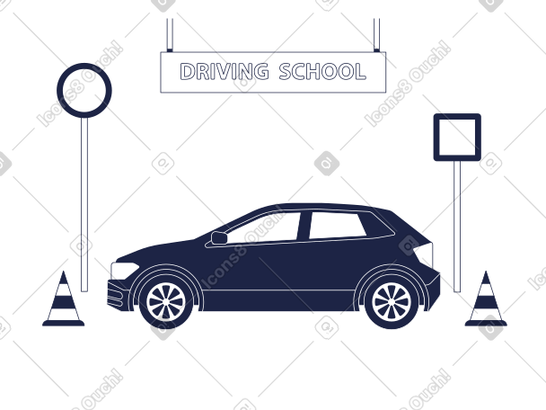 在路标和交通锥、驾校标志背景下的乘用车 PNG, SVG