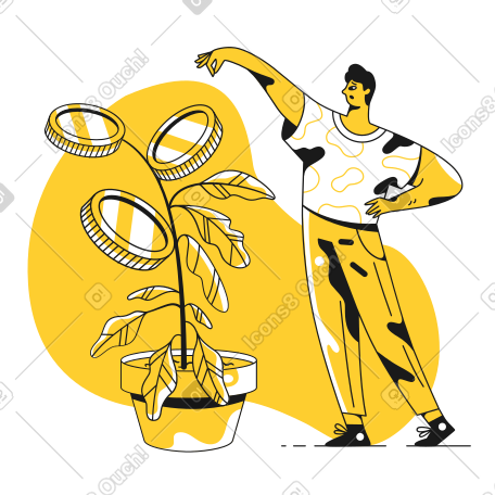 一名男子在花盆里种植摇钱树 PNG, SVG