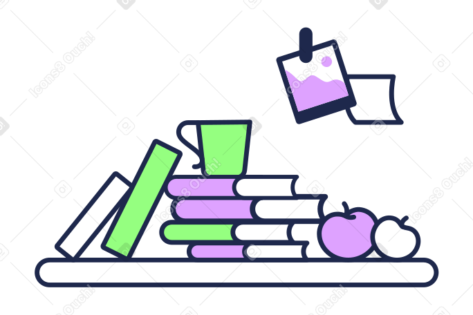 Книжная полка с книгами и яблоками в PNG, SVG