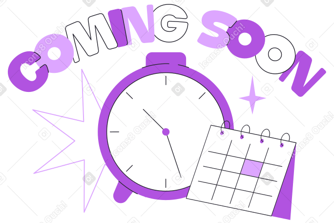 Coming Soon text with a clock and calendar lettering PNG, SVG