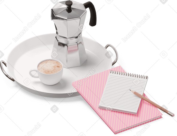 3D isometric view of notebooks and tray with cup and moka pot PNG, SVG