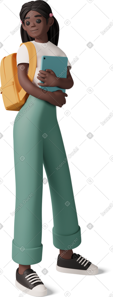 Black girl with backpack on the shoulder holding tablet PNG, SVG