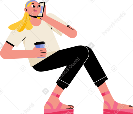 seated woman with coffee and phone PNG, SVG