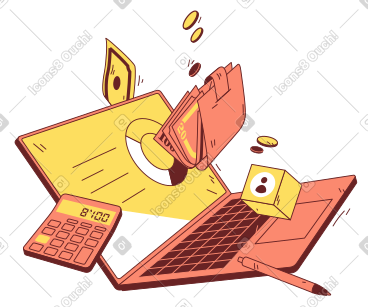 Levitating laptop and money for digital banking PNG, SVG