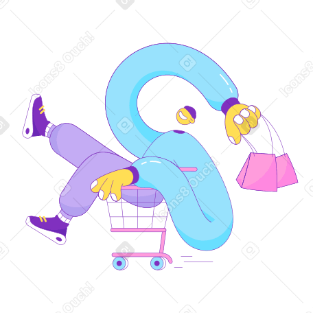 Guy rolling around in a basket with bags in his hands Illustration in PNG, SVG