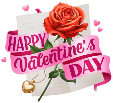 Schriftzug „fröhlicher valentinstag“ mit roter rose und brief PNG, SVG
