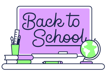 Illustrazione animata Lettering back to school con testo globo, libri e matite in GIF, Lottie (JSON), AE