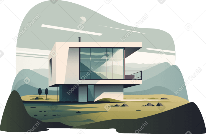 Modern house with a backdrop of hills Illustration in PNG, SVG