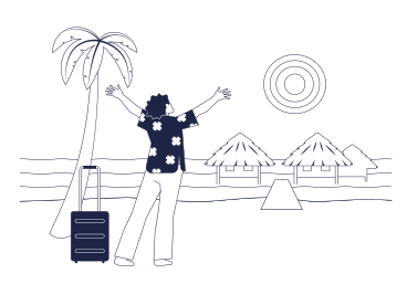 Man in Hawaiian shirt on background of ocean, palm trees and beach houses PNG, SVG
