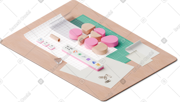 Isometric view of desk with papers and design program buttons PNG, SVG