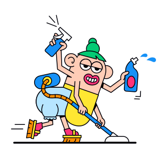 Multitasking cleaning service worker with supplies PNG, SVG