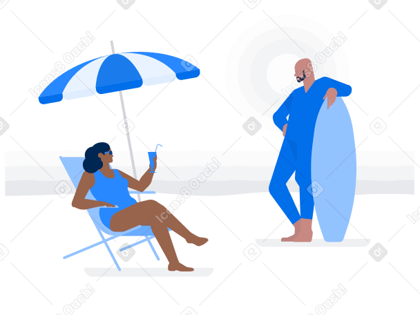 Illustration Homme debout avec planche de surf et femme assise sur une chaise longue aux formats PNG, SVG