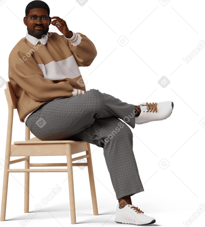 3D young man posing sitting on chair and fixing eyeglasses PNG, SVG