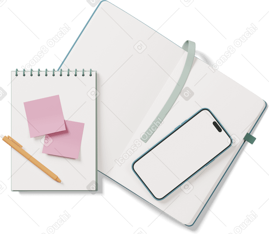 3D notebook with sticky notes notepad and phone Illustration in PNG, SVG