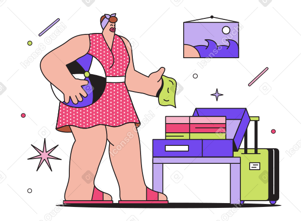 Woman collects things for vacation and travel Illustration in PNG, SVG