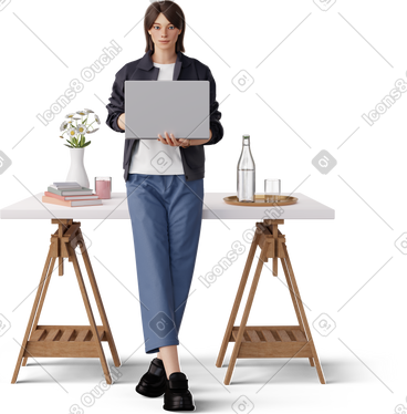 Young woman holding laptop PNG, SVG