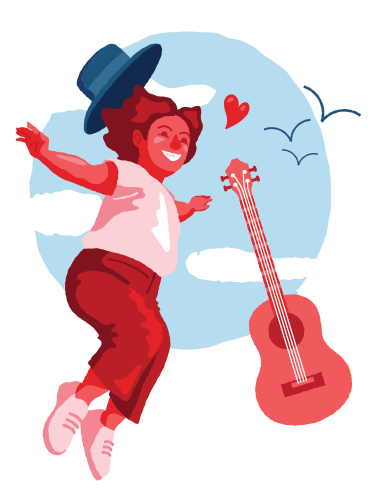 기쁨과 미니 기타를 위해 점프하는 모자를 쓴 아이 PNG, SVG