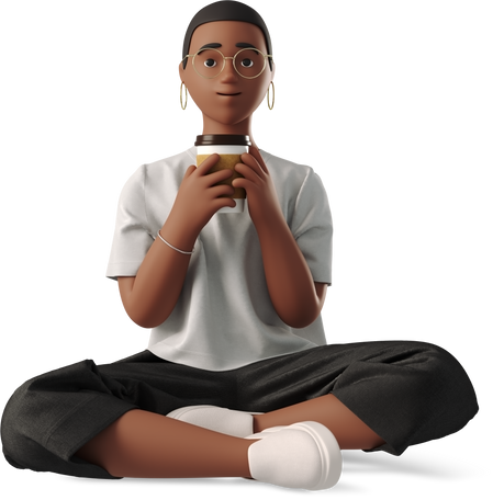 black young woman in glasses sitting and drinking coffee Illustration in PNG, SVG