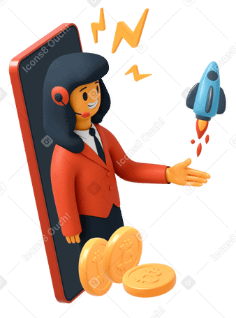 3D Tela do telefone com mulher usando fone de ouvido, moedas bitcoin e foguete voador PNG, SVG