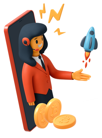 3D Phone screen with woman wearing headset, bitcoin coins and flying rocket Illustration in PNG, SVG