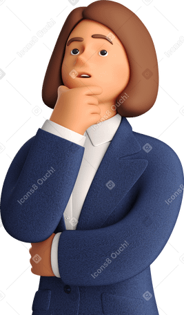 3D pondering businesswoman in blue suit looking left side Illustration in PNG, SVG