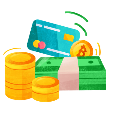 stacks of coins bills credit card and bitcoin PNG, SVG