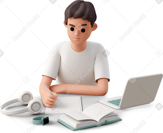 3D Jovem cercado por gadgets escrevendo notas PNG, SVG
