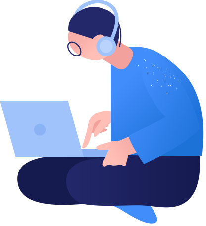 seated man wearing headphones using laptop PNG, SVG