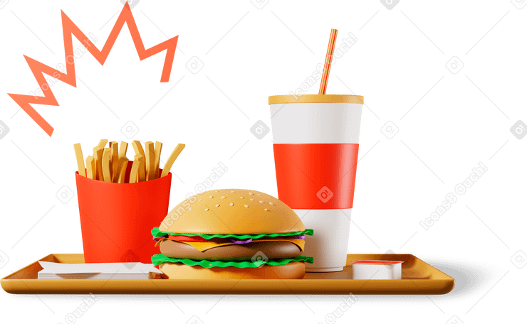 3D fast food set of burger, french fries and drink PNG, SVG