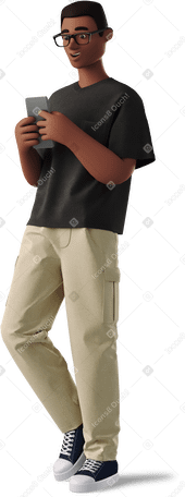 3D black man in glasses standing and typing on a phone Illustration in PNG, SVG