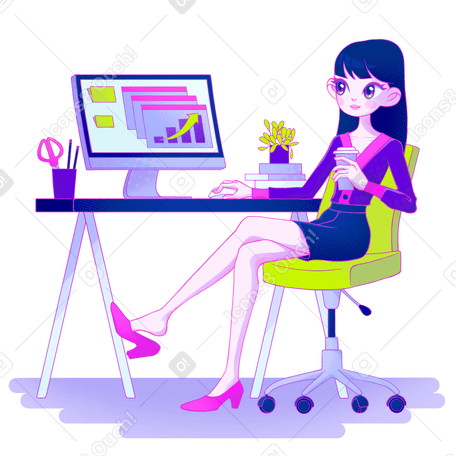 Woman works on a computer in the office Illustration in PNG, SVG