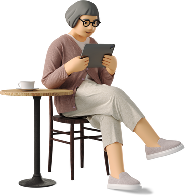 Elderly woman working with tablet PNG, SVG