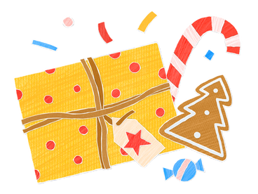 Yellow holiday gift box with christmas candy PNG, SVG